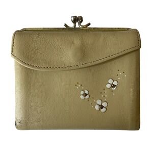 Vintage Rolfs Floral Rhinestone Leather Bi-Fold Wallet Clutch Kiss Lock Beige